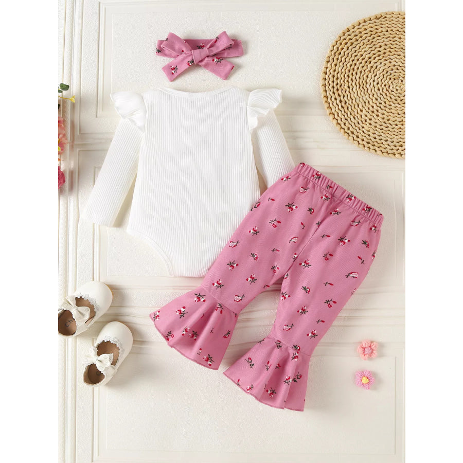 Children’s Ruffled Bodysuit and Floral Pants Outfit Set with Headband Apparel and Accessories