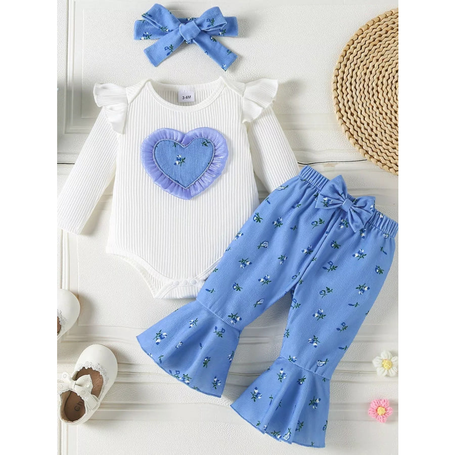 Children’s Ruffled Bodysuit and Floral Pants Outfit Set with Headband Sky Blue / 0-3M Apparel and Accessories