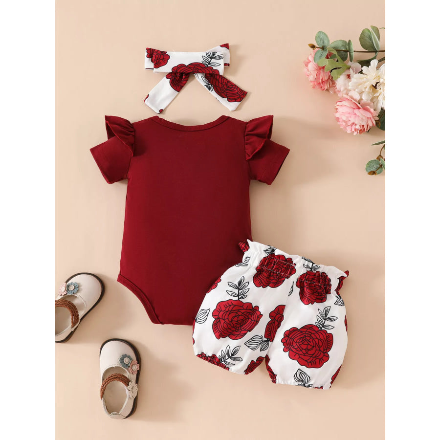 Children’s Ruffled Bodysuit and Floral Shorts Set with Headband Apparel and Accessories