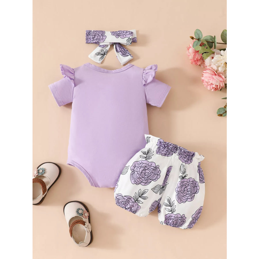 Children’s Ruffled Bodysuit and Floral Shorts Set with Headband Apparel and Accessories