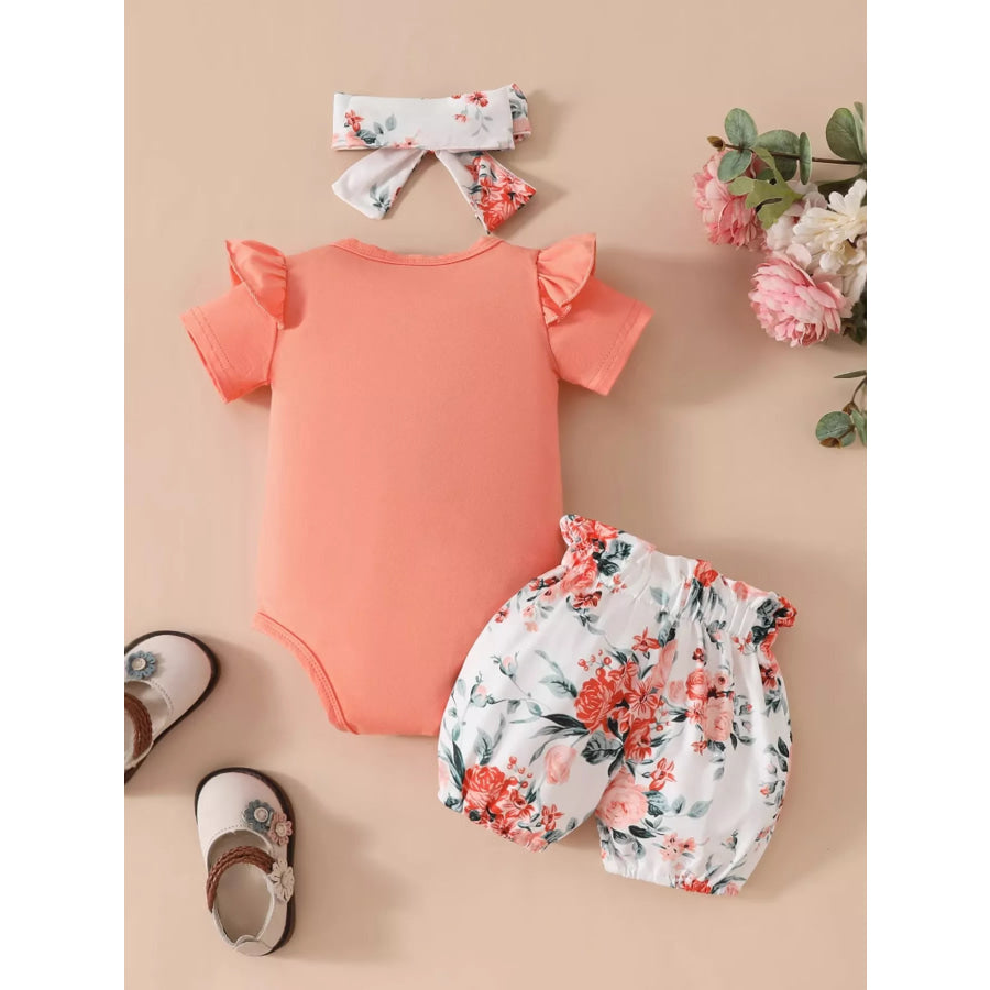 Children’s Ruffled Bodysuit and Floral Shorts Set with Headband Orange / 0-3M Apparel and Accessories