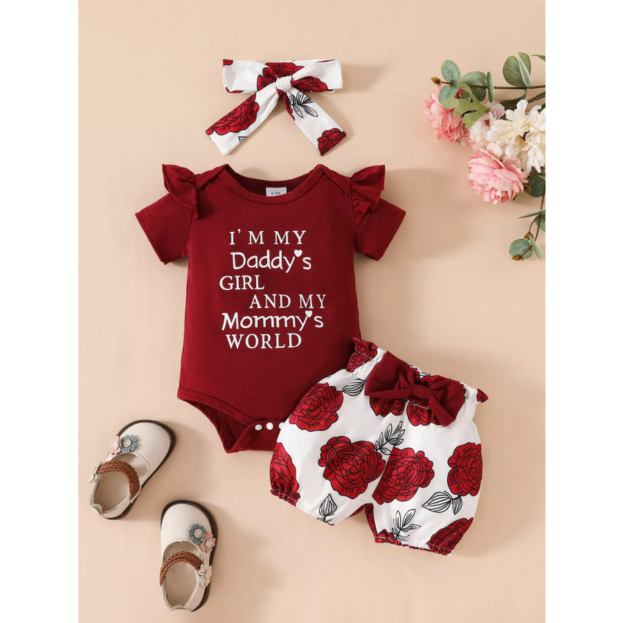 Children’s Ruffled Bodysuit and Floral Shorts Set with Headband Burgundy / 0-3M Apparel and Accessories