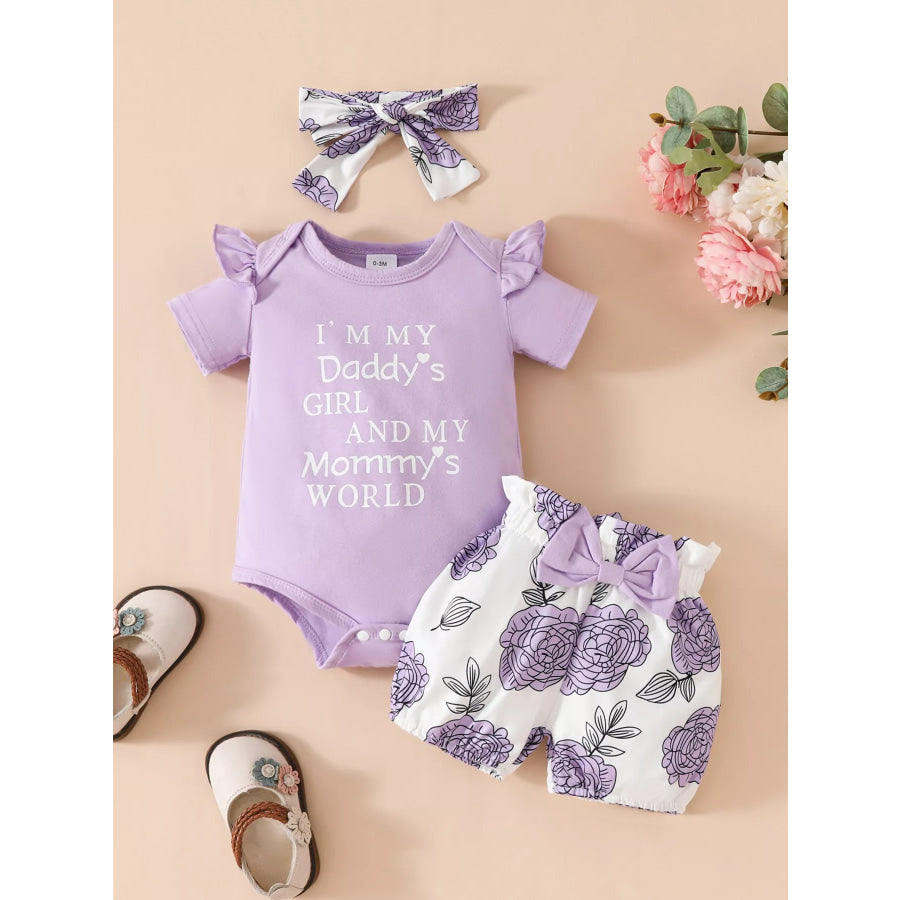 Children’s Ruffled Bodysuit and Floral Shorts Set with Headband Lavender Purple / 0-3M Apparel and Accessories