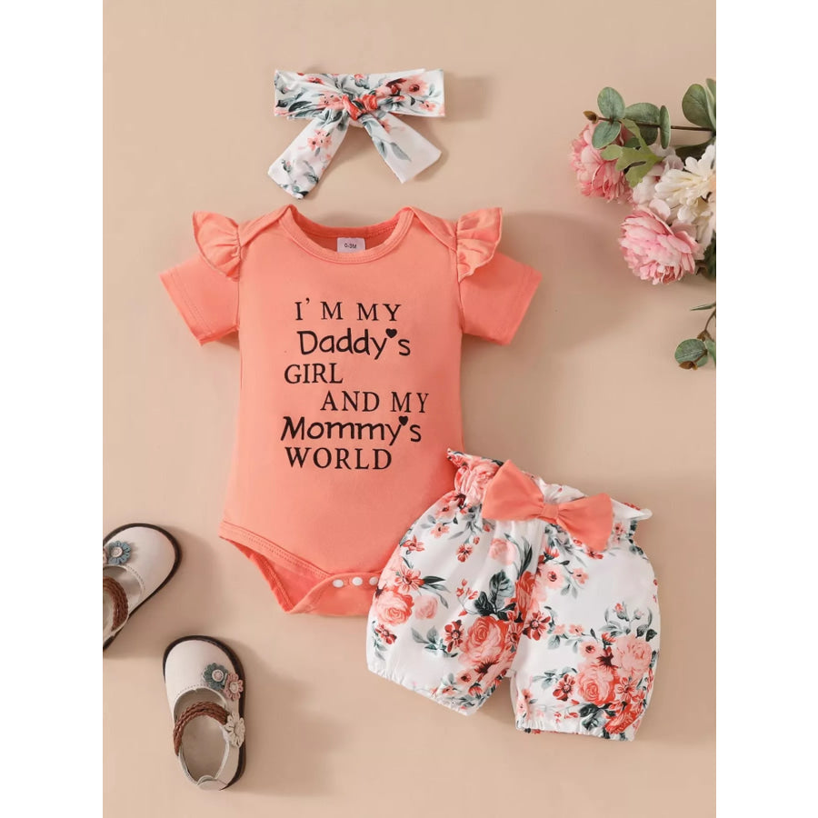 Children’s Ruffled Bodysuit and Floral Shorts Set with Headband Orange / 0-3M Apparel and Accessories