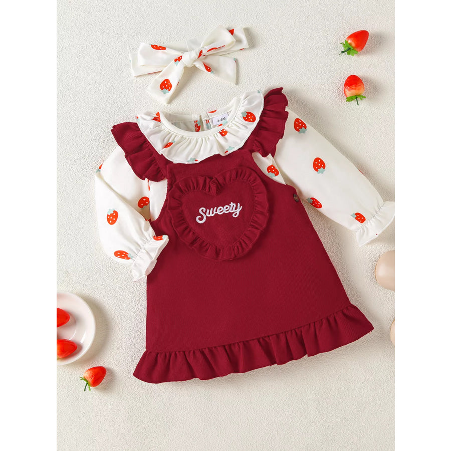 Children’s Ruffled Bodysuit and Heart Decor Dress Set with Headband Burgundy / 0-3M Apparel and Accessories