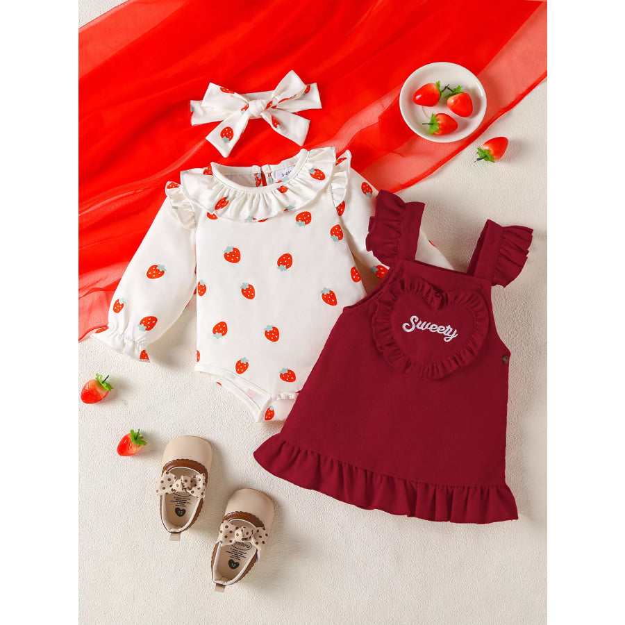 Children’s Ruffled Bodysuit and Heart Decor Dress Set with Headband Burgundy / 0-3M Apparel and Accessories