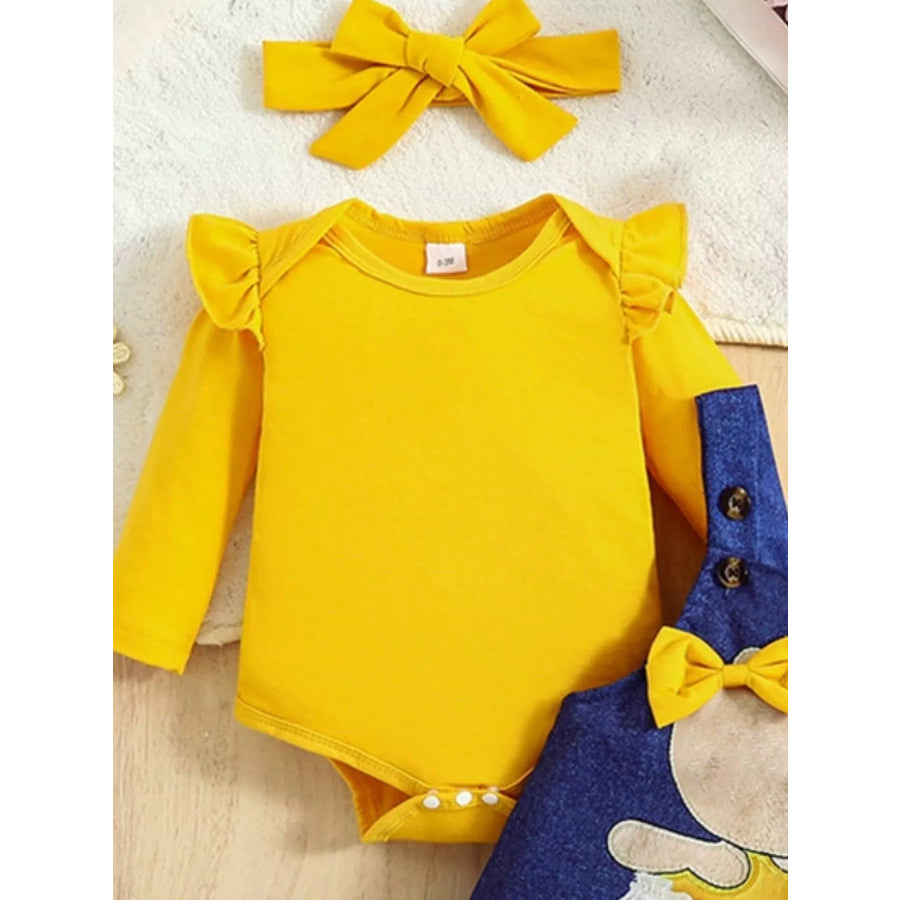 Children’s Ruffled Bodysuit and Overall Dress Set with Headband Apparel and Accessories