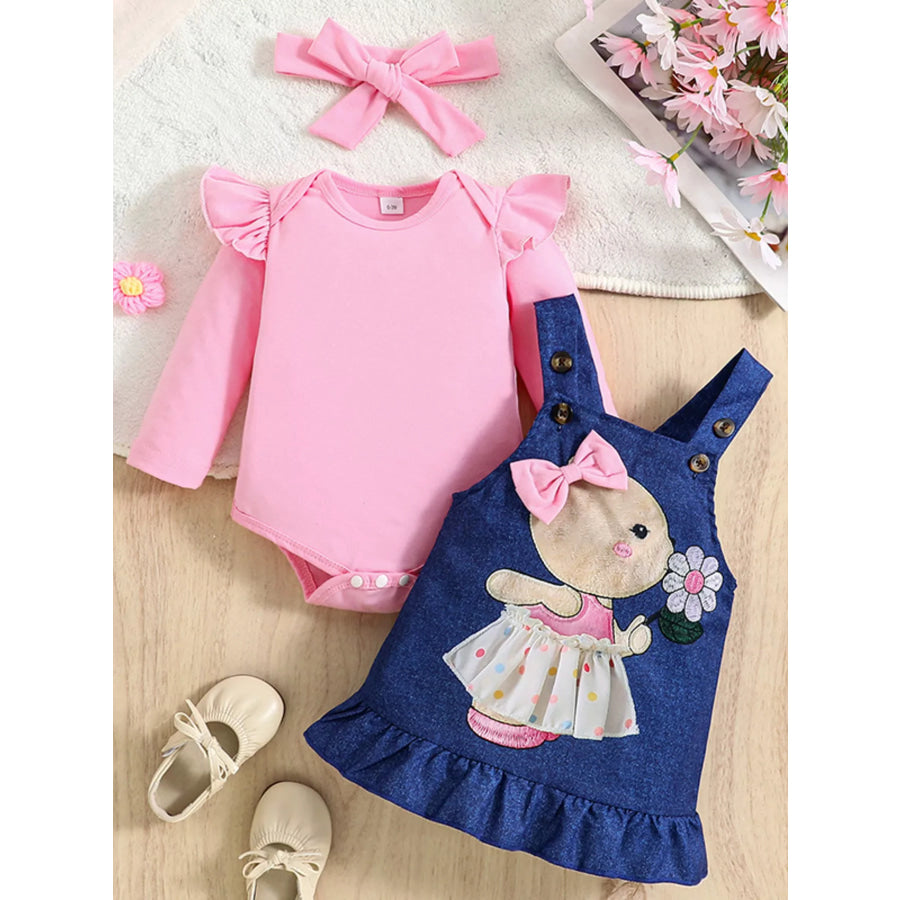 Children’s Ruffled Bodysuit and Overall Dress Set with Headband Apparel and Accessories