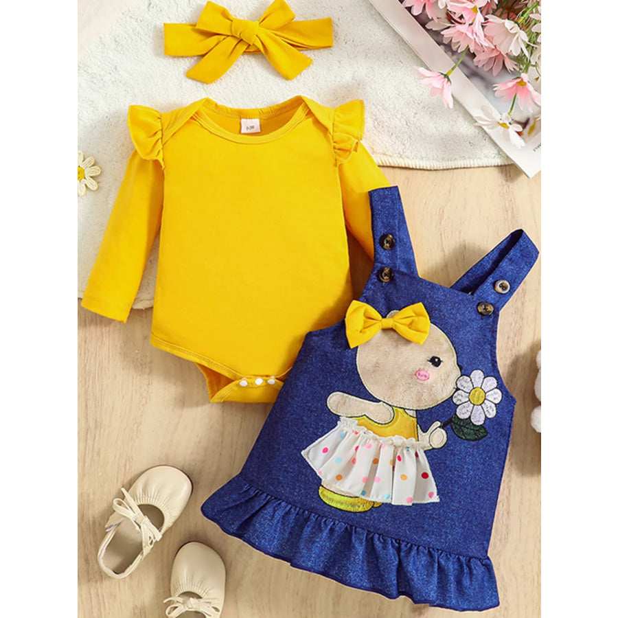 Children’s Ruffled Bodysuit and Overall Dress Set with Headband Yellow / 0-3M Apparel and Accessories