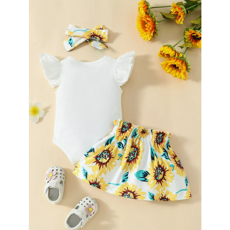 Children’s Ruffled Bodysuit and Sunflower Skirt Set with Headband Off-white / 0-3M Apparel and Accessories