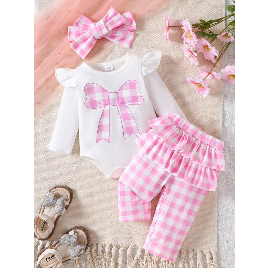 Children’s Ruffled Bow Graphic Bodysuit and Pants Set with Headband Pink / 0-3M Apparel and Accessories