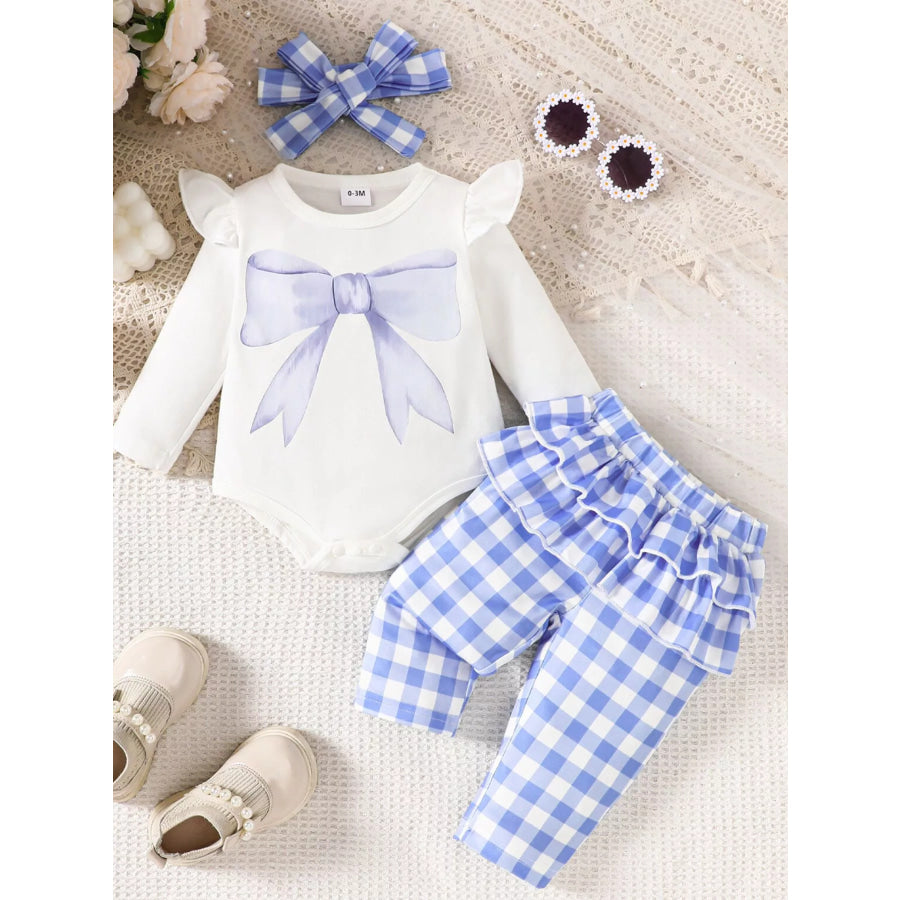 Children’s Ruffled Bow Graphic Bodysuit and Pants Set with Headband White / 0-3M Apparel and Accessories