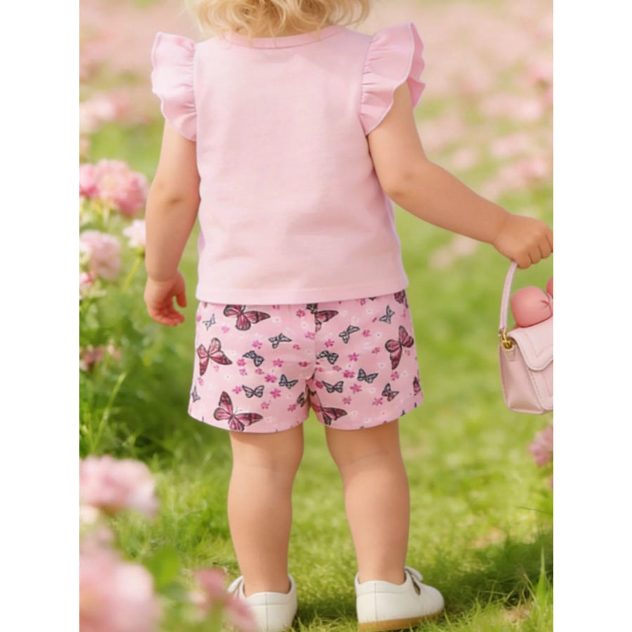 Children’s Ruffled Butterfly T-Shirt and Shorts Set with Headband Apparel Accessories