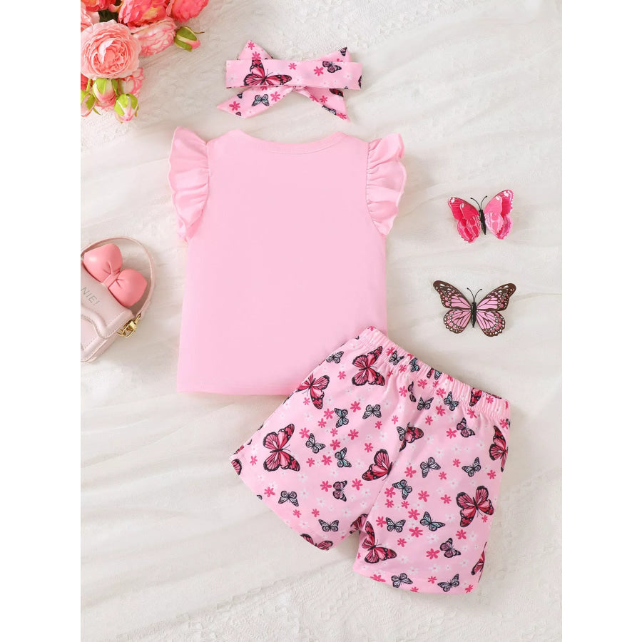 Children’s Ruffled Butterfly T-Shirt and Shorts Set with Headband Apparel Accessories