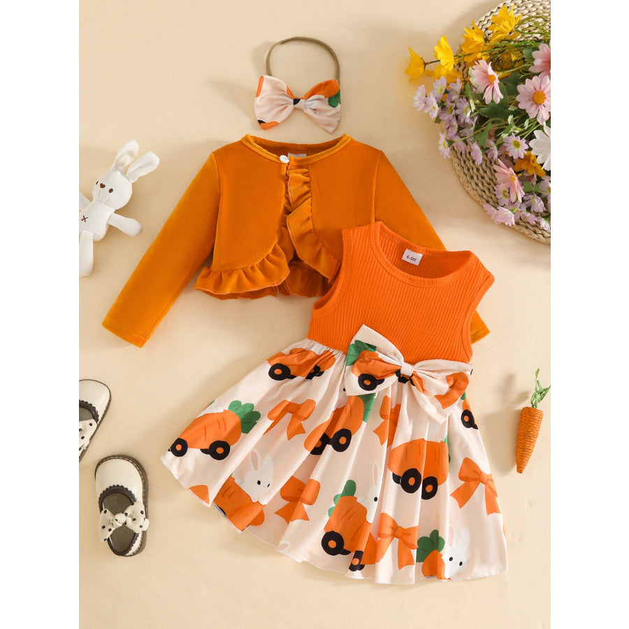 Children’s Ruffled Cardigan and Bow Dress Set with Headband Apparel and Accessories
