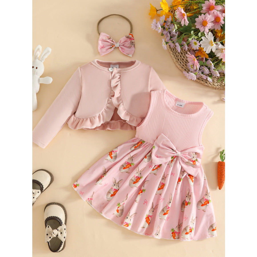 Children’s Ruffled Cardigan and Bow Dress Set with Headband Apparel and Accessories