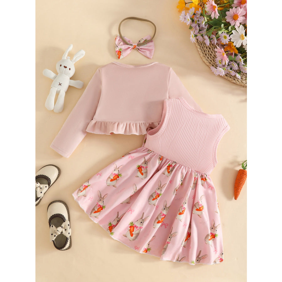 Children’s Ruffled Cardigan and Bow Dress Set with Headband Apparel and Accessories