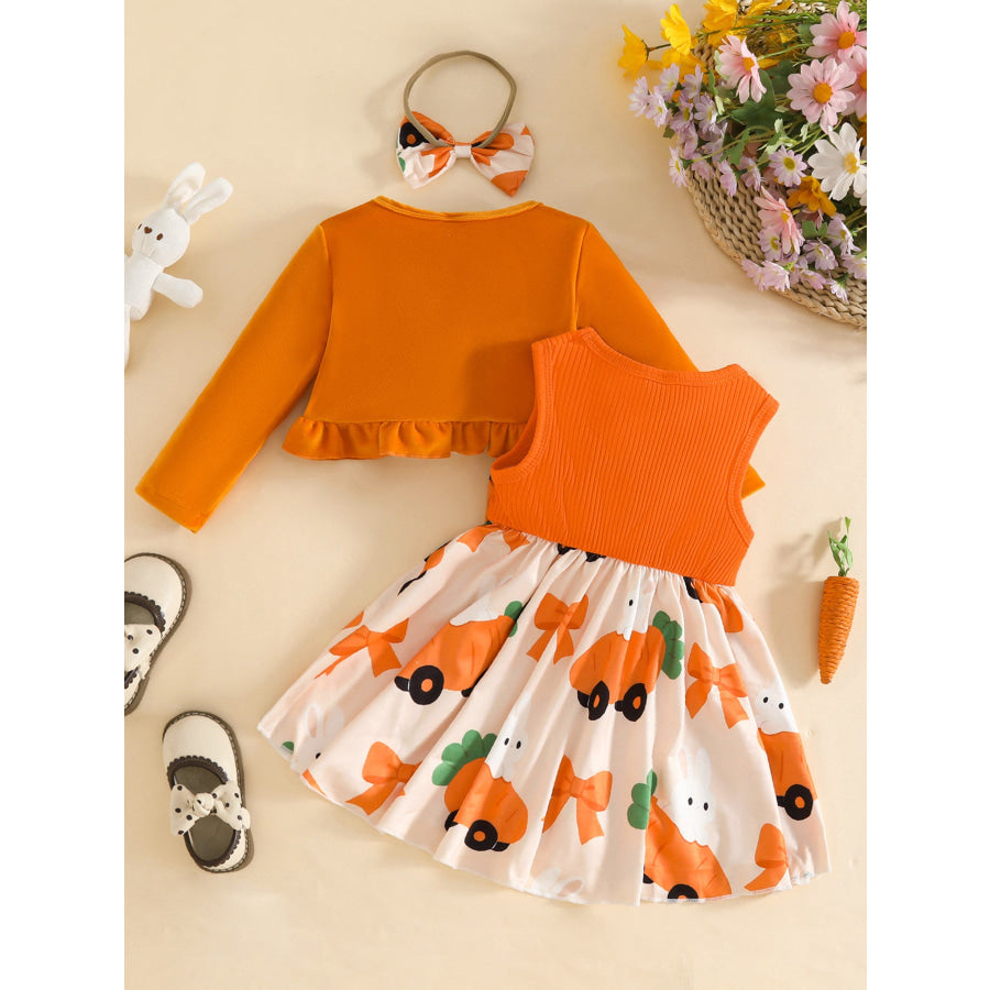 Children’s Ruffled Cardigan and Bow Dress Set with Headband Apparel and Accessories