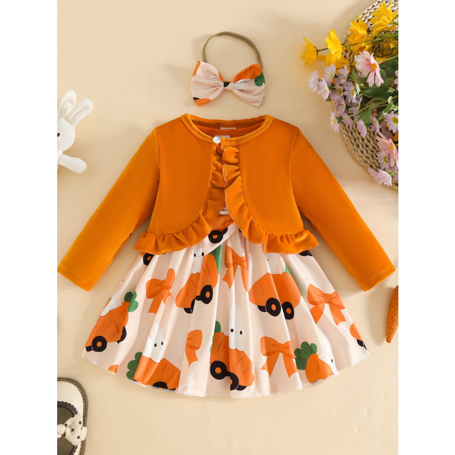 Children’s Ruffled Cardigan and Bow Dress Set with Headband Orange-red / 3-6M Apparel and Accessories
