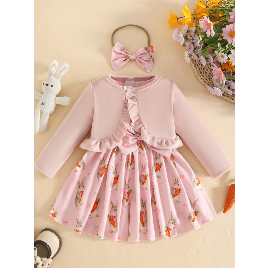 Children’s Ruffled Cardigan and Bow Dress Set with Headband Pink / 3-6M Apparel and Accessories