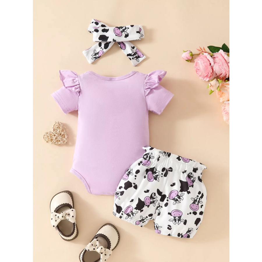 Children’s Ruffled Cow Bodysuit and Shorts Set with Headband Apparel and Accessories