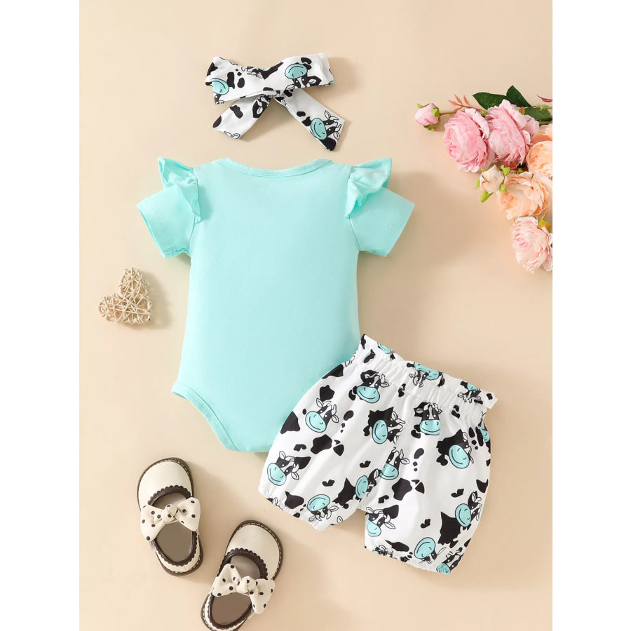 Children’s Ruffled Cow Bodysuit and Shorts Set with Headband Apparel and Accessories