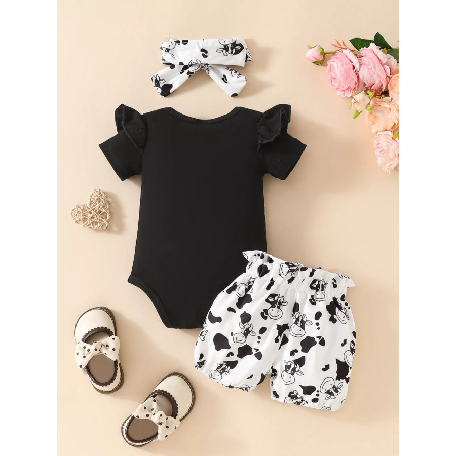 Children’s Ruffled Cow Bodysuit and Shorts Set with Headband Apparel and Accessories