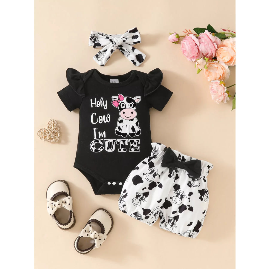 Children’s Ruffled Cow Bodysuit and Shorts Set with Headband Black / 0-3M Apparel and Accessories