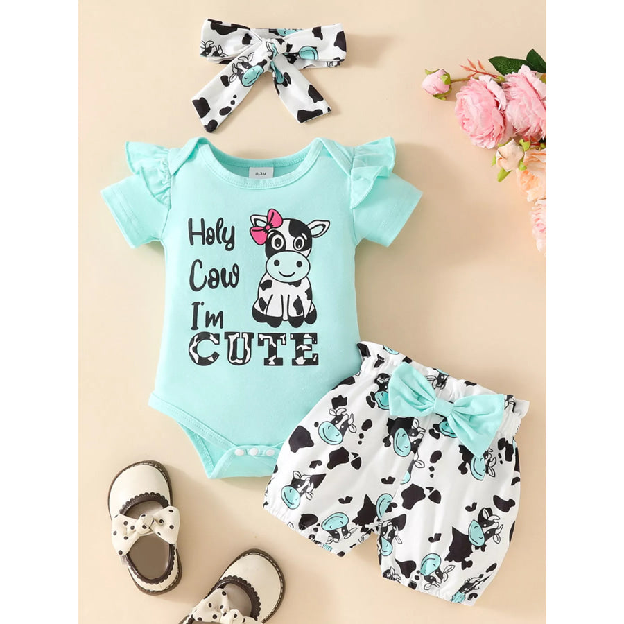 Children’s Ruffled Cow Bodysuit and Shorts Set with Headband Light Blue / 0-3M Apparel and Accessories
