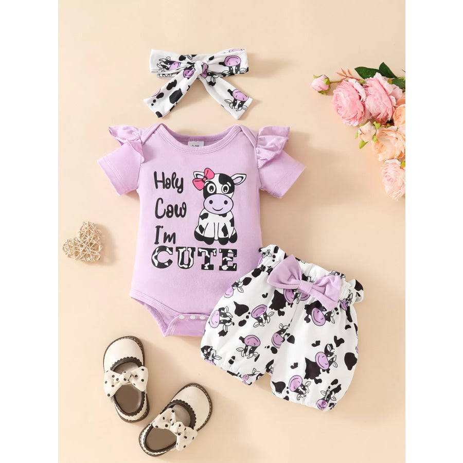 Children’s Ruffled Cow Bodysuit and Shorts Set with Headband Violet / 0-3M Apparel and Accessories