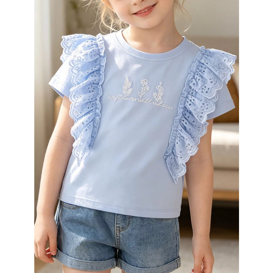 Children’s Ruffled Eyelet Round Neck T-Shirt Light Blue / 3T Apparel and Accessories
