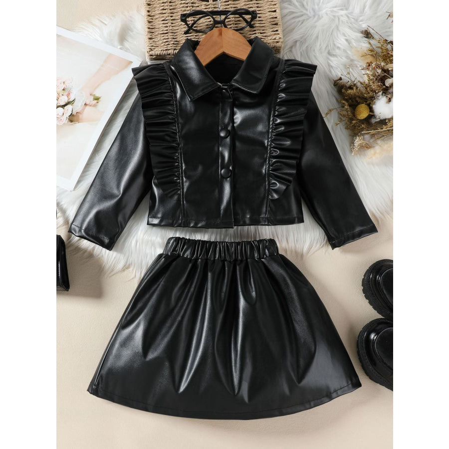 Children’s Ruffled Faux Leather Top and Skirt Set Black / 2-3 Apparel and Accessories