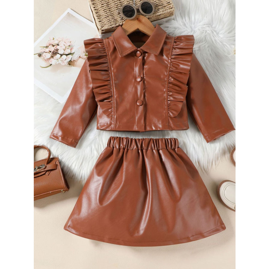 Children’s Ruffled Faux Leather Top and Skirt Set Brown / 2-3 Apparel and Accessories