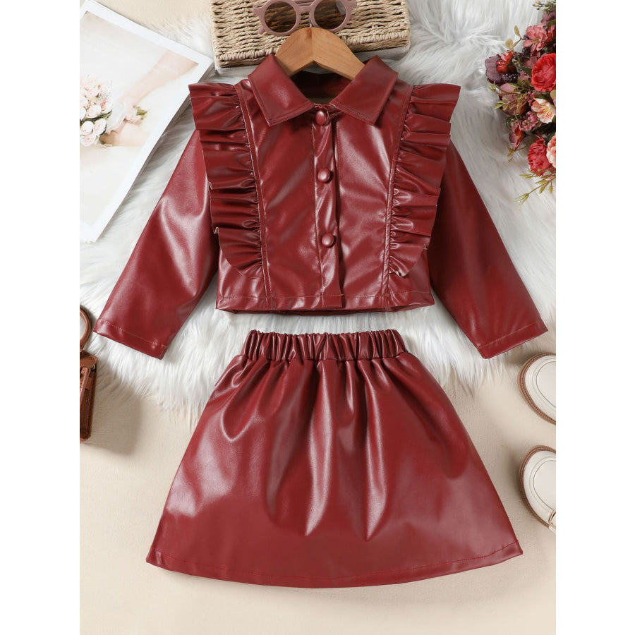 Children’s Ruffled Faux Leather Top and Skirt Set Wine Red / 2-3 Apparel and Accessories