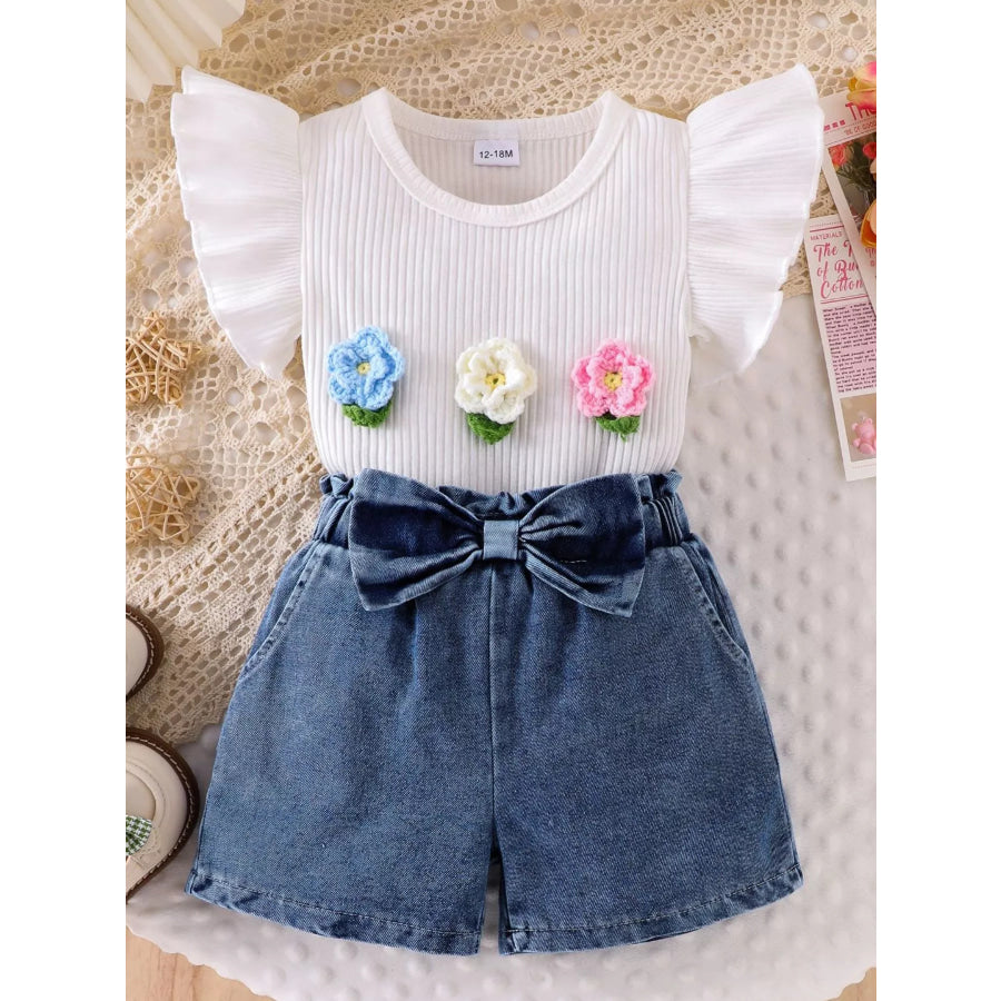 Children’s Ruffled Flower Top and Denim Shorts Set Apparel and Accessories