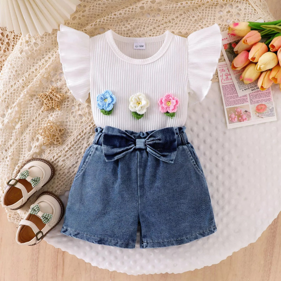 Children’s Ruffled Flower Top and Denim Shorts Set White / 6-12M Apparel and Accessories