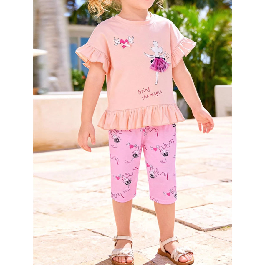 Children’s Ruffled Hem Top and Capris Pants Set Watermelon pink / 2Y Apparel and Accessories