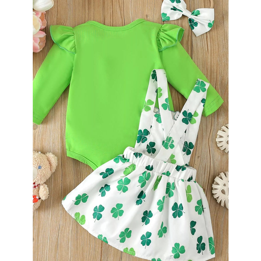 Children’s Ruffled Long Sleeve Bodysuit and Overall Dress Set with Headband Apparel and Accessories
