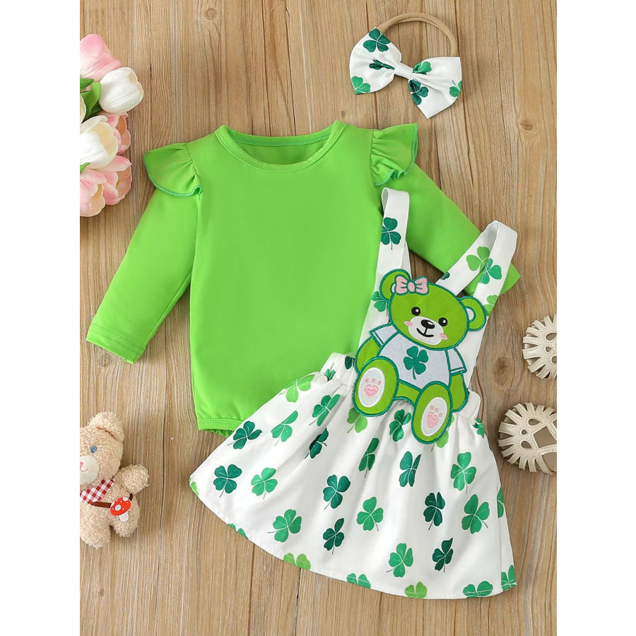 Children’s Ruffled Long Sleeve Bodysuit and Overall Dress Set with Headband Grass Green / 0-3M Apparel and Accessories