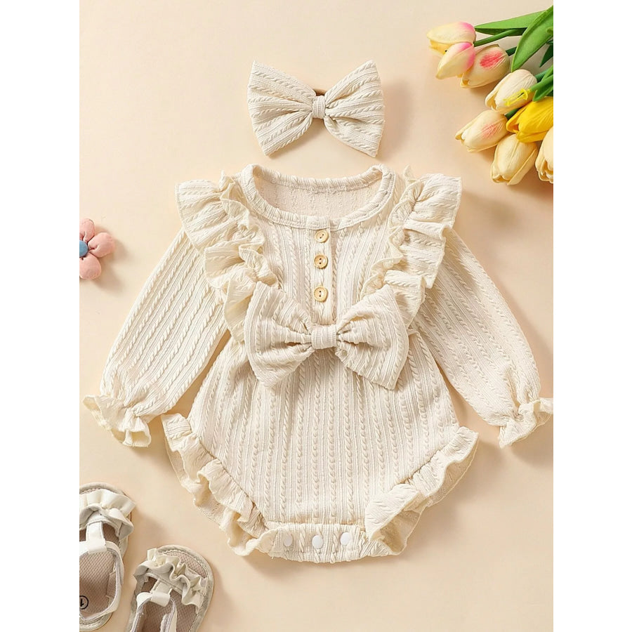 Children’s Ruffled Long Sleeve One-Piece Bodysuit with Headband Apricot / 0-3M Apparel and Accessories