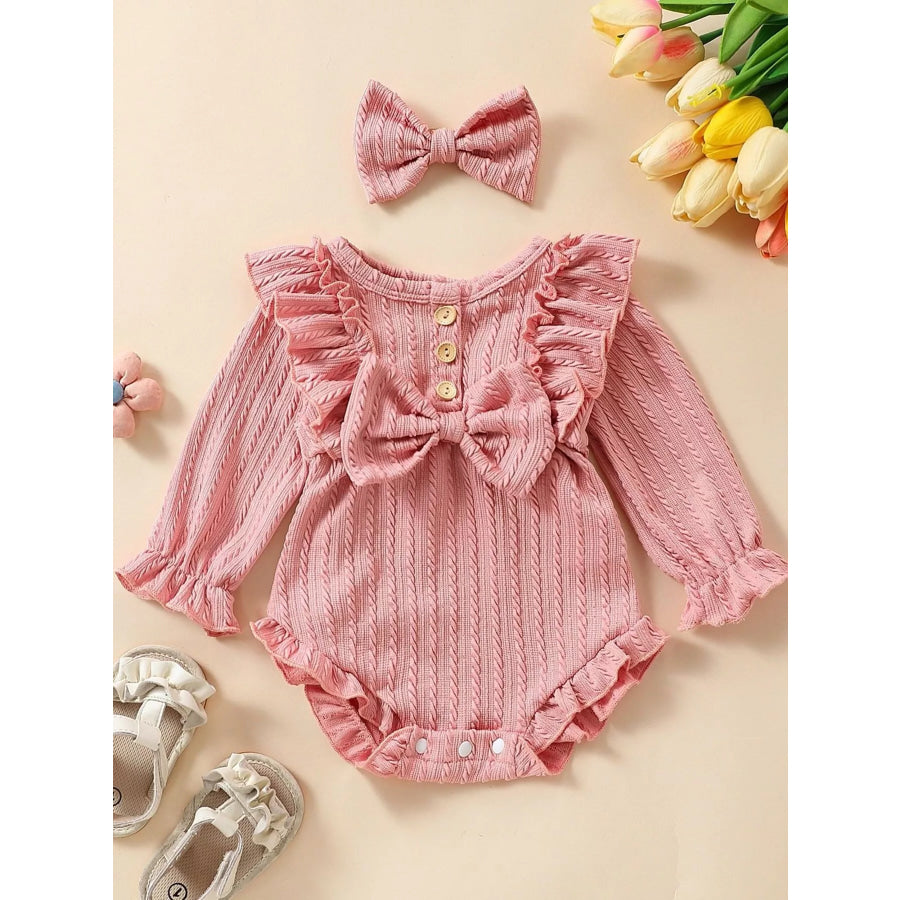 Children’s Ruffled Long Sleeve One-Piece Bodysuit with Headband Pink / 0-3M Apparel and Accessories