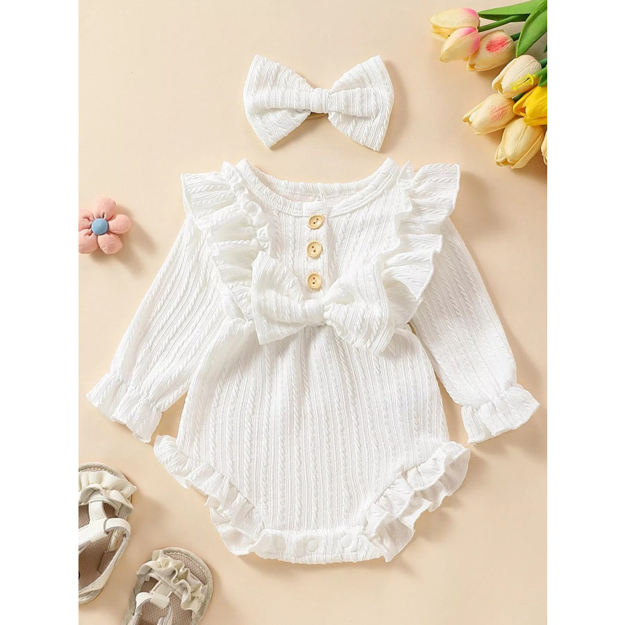 Children’s Ruffled Long Sleeve One-Piece Bodysuit with Headband White / 0-3M Apparel and Accessories