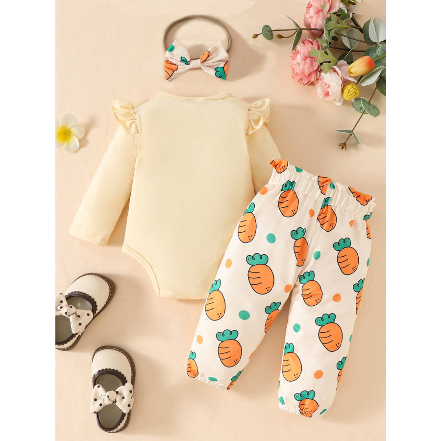 Children’s Ruffled Long Sleeve Top and Carrot Print Pants Set with Headband Apparel and Accessories