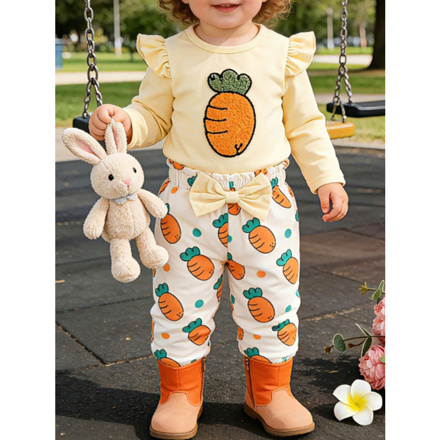 Children’s Ruffled Long Sleeve Top and Carrot Print Pants Set with Headband Ivory / 0-3M Apparel and Accessories