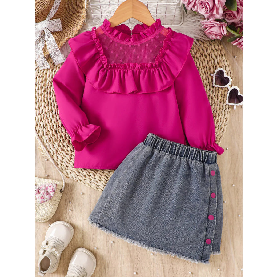 Children’s Ruffled Mesh Top and Denim Skirt Set Rose Red / 1-2Y Apparel and Accessories