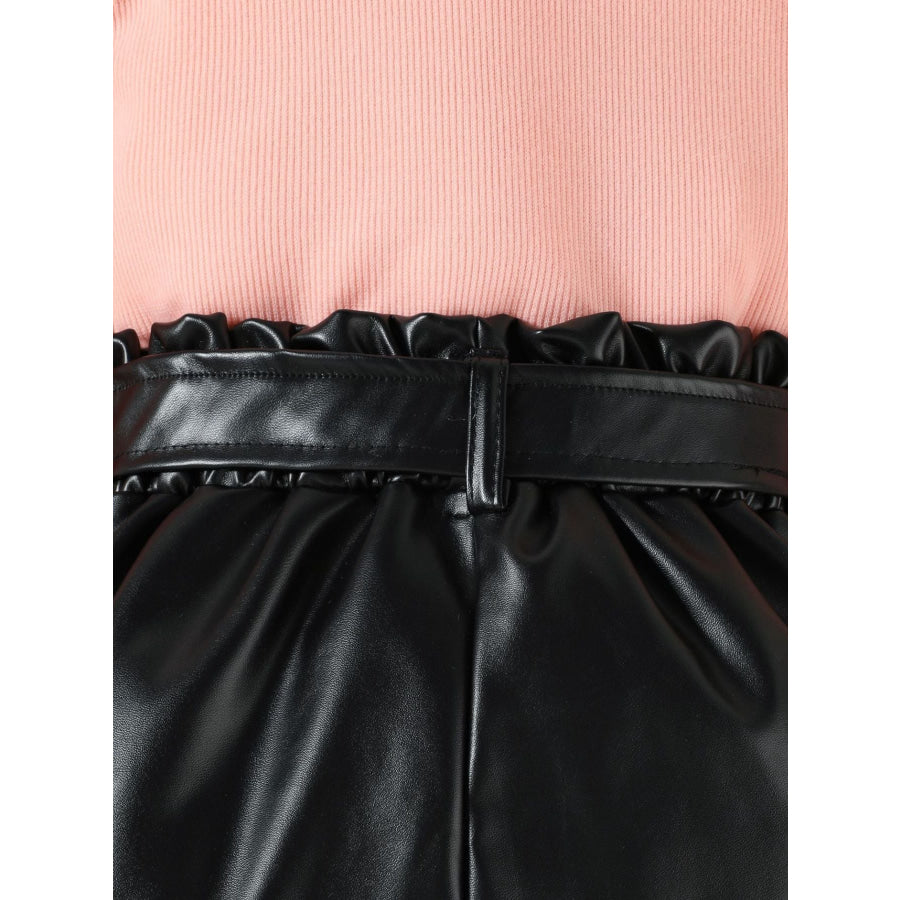 Children’s Ruffled Pearl Embellished Top & Faux Leather Shorts Set with Belt Apparel and Accessories