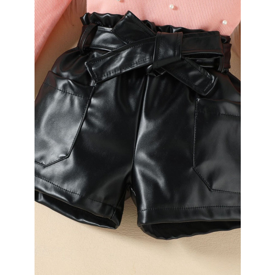Children’s Ruffled Pearl Embellished Top & Faux Leather Shorts Set with Belt Apparel and Accessories