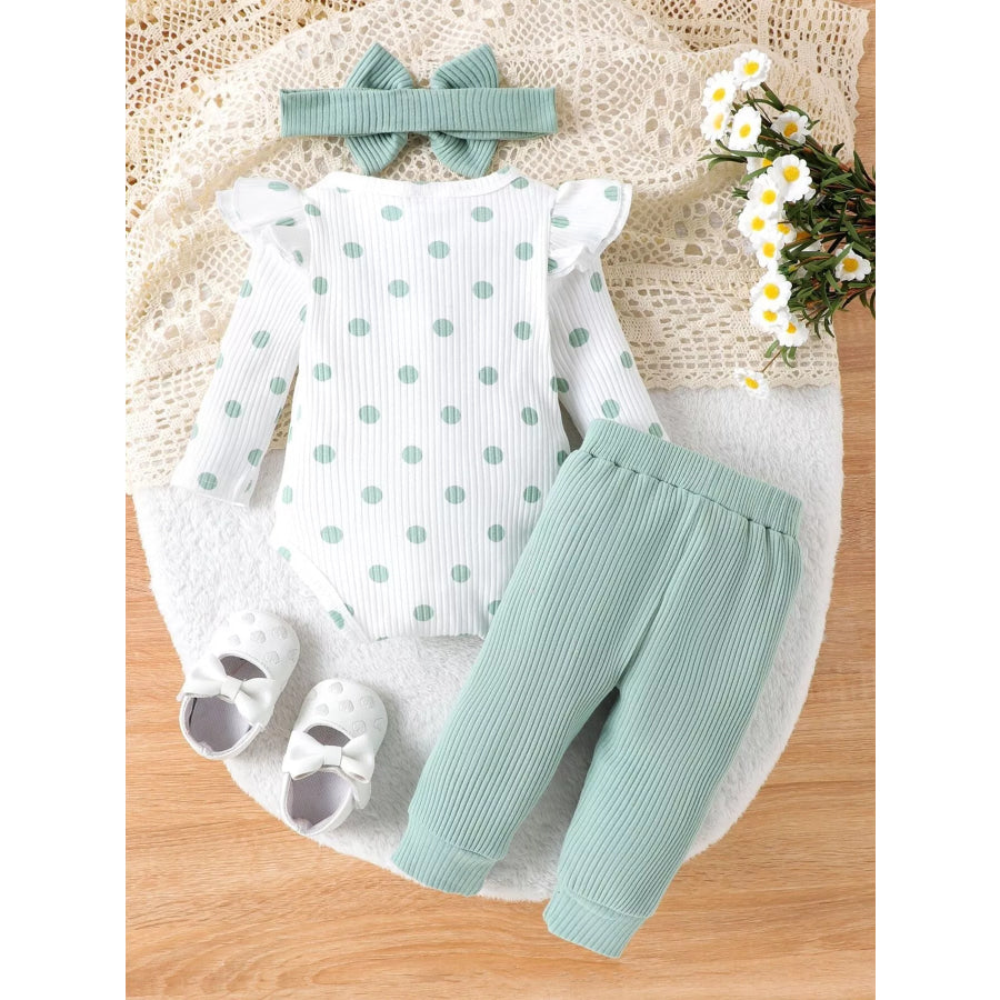 Children’s Ruffled Polka Dot Bodysuit and Pants Set with Headband Apparel and Accessories