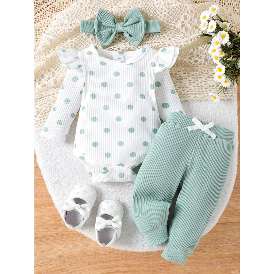 Children’s Ruffled Polka Dot Bodysuit and Pants Set with Headband Light Green / 1-3M Apparel and Accessories