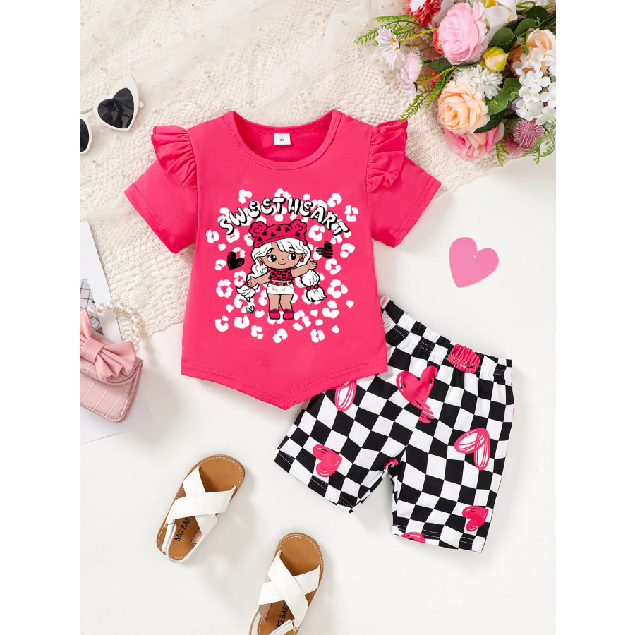 Children’s Ruffled Short Sleeve Tee and Checkerboard Shorts Set Rose Red / 4Y Apparel and Accessories